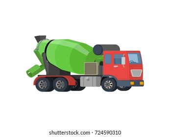 Concrete mixing truck vector. Flat design. Industrial transport. Construction machine. Red lorry with green mixer. For construction theme illustrating, building companies ad. On white