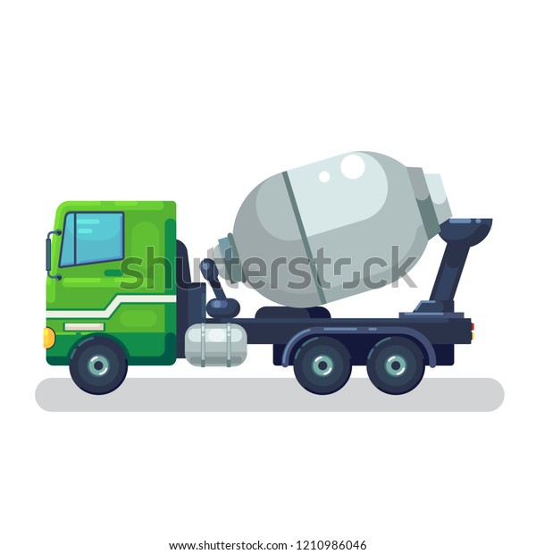 Concrete mixing truck vector. Flat design.\
Industrial transport. Construction machine. Green lorry with mixer\
pour out cement. For construction theme illustrating, building\
companies ad. On\
white