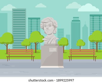 Concrete monument in the city park, bust of the commander. Historical and cultural attraction. The head of a famous person, a writer or historical figure for the memory and honor of his achievements