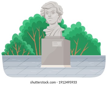 Concrete monument in the city park, bust isolated on white. Historical and cultural attraction. The head of a famous person, a writer or historical figure for the memory and honor of his achievements