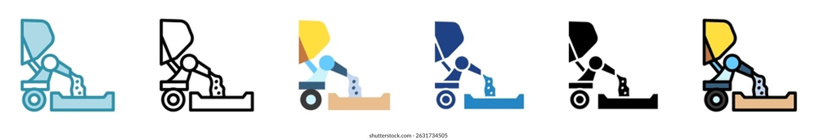 Concreto multi estilo, mini ilustração ícone conjunto. contorno, plano, glifo, cor da linha. vetor para IU, UX, aplicativo, web, digital ou impressão, relacionado à indústria, construção, engenharia civil.