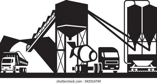 Concrete plant with trucks - vector illustration