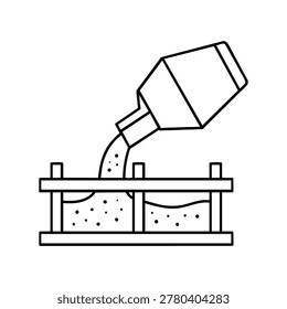 Concrete pouring, concrete pouring from chute into formwork black and white vector line illustration