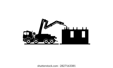 Concrete pouring machine, black isolated vector silhouette