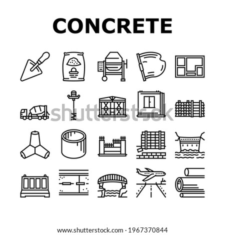 Concrete Production Collection Icons Set Vector. Road And Foundation Concrete, Cement Bag And Spatula Tool, Bridge And Airport Runway Building Black Contour Illustrations Stock fotó © 