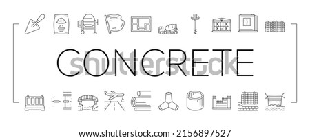 Concrete Production Collection Icons Set Vector. Road And Foundation Concrete, Cement Bag And Spatula Tool, Bridge And Airport Runway Building Black Contour Illustrations Stock fotó © 
