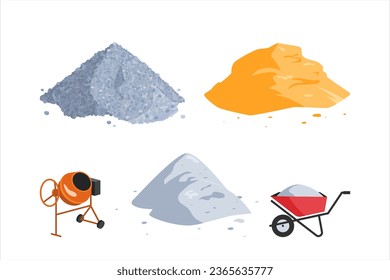 Concrete production elements. Piles of sand, cement, gravel, a wheelbarrow and a mixer. Construction site concept. Vector cartoon icons isolated on a white background.