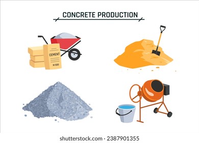 Betonfertigteile. Sand-, Kies-, Zement-, Rollkarren- und Mischkissen. Symbole für Baustellen. Vektorgrafik-Illustration einzeln auf weißem Hintergrund.