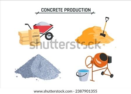 Concrete production elements. Piles of sand, gravel, cement, a wheelbarrow and a mixer. Construction site icons. Vector cartoon illustration isolated on a white background.