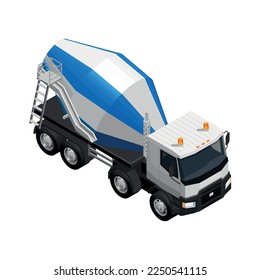 Concrete production isometric composition with isolated view of cement mixer truck vector illustration