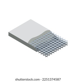 Composición isométrica de la producción de hormigón con imagen aislada de productos de cemento listos para la construcción, ilustración vectorial