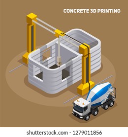 Concrete Production Isometric Composition With View Of 3d Printed Building Under Construction With Cement Mixing Truck Vector Illustration