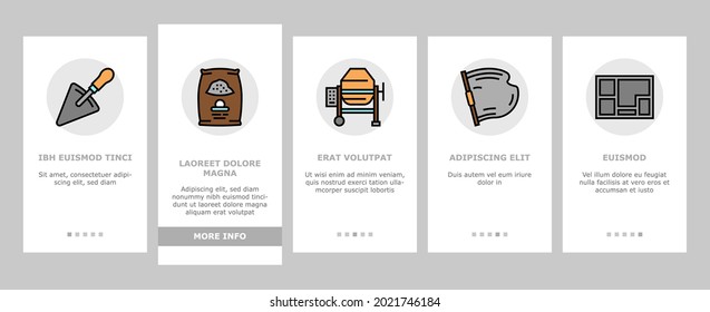 Concrete Production Onboarding Mobile App Page Screen Vector. Road And Foundation Concrete, Cement Bag And Spatula Tool, Bridge And Airport Runway Building Illustrations