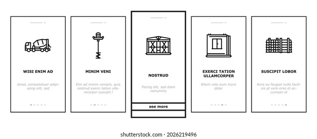 Concrete Production Onboarding Mobile App Page Screen Vector. Road And Foundation Concrete, Cement Bag And Spatula Tool, Bridge And Airport Runway Building Illustrations