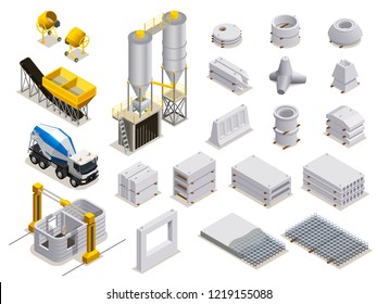 Concrete production set of isometric icons with manufacturing equipment transport and finished stone details isolated vector illustration