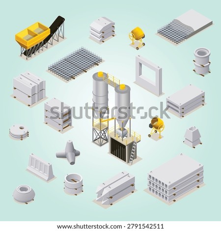 Concrete production set of isometric icons with manufacturing equipment transport and finished stone details isolated civil sky solid block building material stone vehicle reinforced workshop