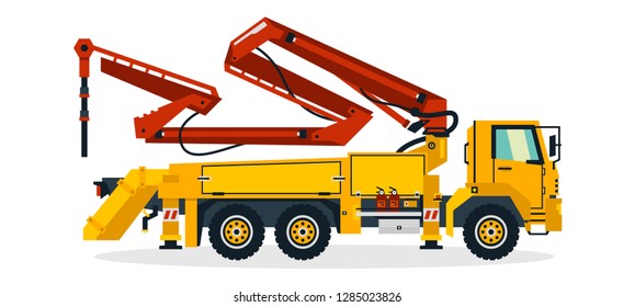 Concrete pump, commercial vehicles, construction equipment. Concrete pump truck working on construction sites. Vector illustration