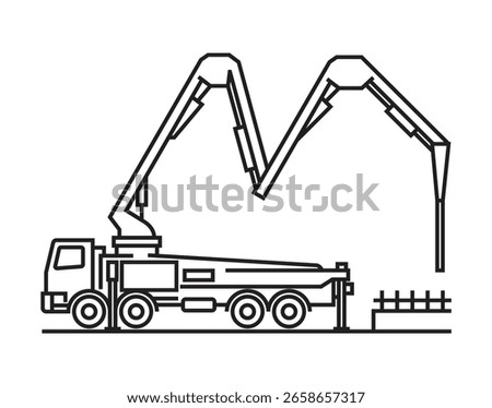 Concrete pump truck - machine for transferring liquid concrete by pumping that attached to truck with remote-controlled articulating robotic arm. Icon in thin line