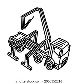 Concrete Pump Truck Part of Contractor Material and Equipment Device Hand Drawn Icon Set Vector.