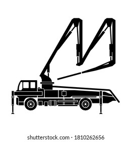 Concrete pump truck silhouette - machine used for transferring liquid concrete by pumping that attached to truck with remote-controlled articulating robotic arm (boom)