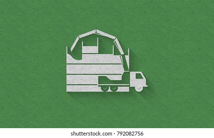 Concrete pump truck silhouettes on green background, building process illustrating, concrete industry logo icon. Craft textured. Paper art style.