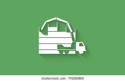 Concrete pump truck silhouettes on green background, building process illustrating, concrete industry logo icon. 