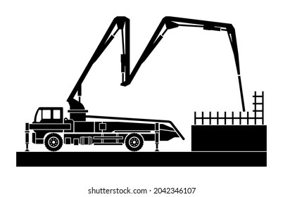 Concrete pump truck at work - machine used for transferring liquid concrete by pumping that attached to truck with remote-controlled articulating robotic arm. Flat Vector illustration
