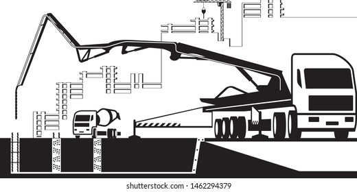Concrete pump truck  working on construction site - vector illustration