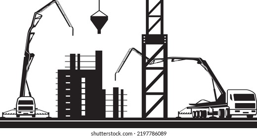 Concrete pump trucks and crane on construction site - vector illustration