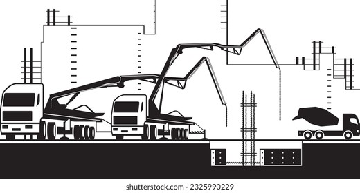 Camiones de bomba de concreto en el lugar de construcción - ilustración vectorial