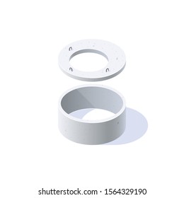 Concrete ring for wells, sewerage, septic tanks with a lid. Isometric icon of building materials. Vector illustration isolated on a white background in flat style.