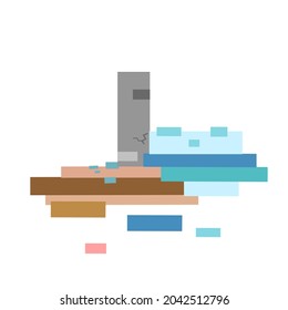 Concrete Sea Wall And Sea Level Rise Vector Flat Design. Sinking City Due To Climate Change.