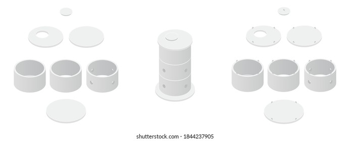 Concrete sewerage and septic tanks well element set, isolated on a white background. Concrete ring isometric icons. Building materials. Vector illustration. 3D flat style.