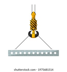 Concrete slab hanged on a crane hook, vector icon over white