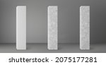 Concrete square columns set with cracks isolated on grey background. Realistic old cement 3d pillar for modern room interior or bridge construction. Concrete pole base