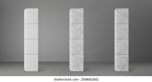 Concrete square columns set with cracks isolated on grey background. Realistic old cement 3d pillar for modern room interior or bridge construction. Concrete pole base