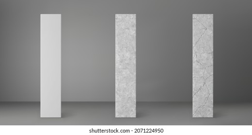 Concrete square columns set with cracks isolated on grey background. Realistic old cement 3d pillar for modern room interior or bridge construction. Concrete pole base