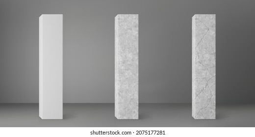 Concrete square columns set with cracks isolated on grey background. Realistic old cement 3d pillar for modern room interior or bridge construction. Concrete pole base