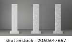 Concrete square columns set with rectangular plinth and cracks isolated on grey background. Realistic old cement 3d pillar for modern room interior or bridge construction. Concrete pole base