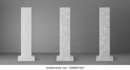 Concrete square columns set with rectangular plinth and cracks isolated on grey background. Realistic old cement 3d pillar for modern room interior or bridge construction. Concrete pole base