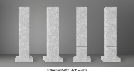 Concrete square columns set with rectangular plinth isolated on grey background. Realistic cement 3d pillar for modern room interior or bridge construction. Vector textured concrete pole base