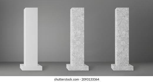 Concrete square columns set with rectangular plinth and cracks isolated on grey background. Realistic old cement 3d pillar for modern room interior or bridge construction. Concrete pole base