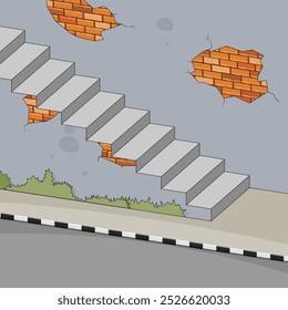 
Concrete stairs on the side of the road with cracked bricks on the walls. Vector Illustration.