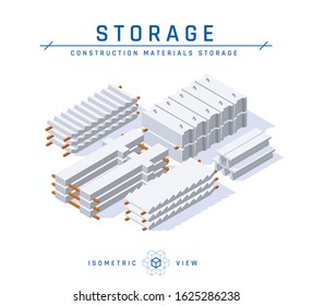Concrete storage concept, isometric view. . Set of icons for architectural designs. Vector illustration isolated on a white background in flat style. Construction products collection.