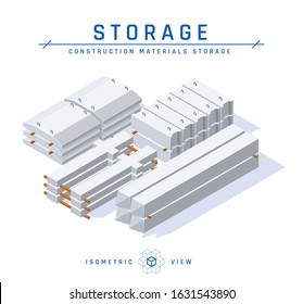 Concrete storage concept, isometric view. . Set of icons for architectural designs. Vector illustration isolated on a white background in flat style. Construction products collection.
