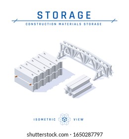 Concrete storage concept, isometric view. Set of icons for architectural designs. Vector illustration isolated on a white background in flat style. Construction products collection.
