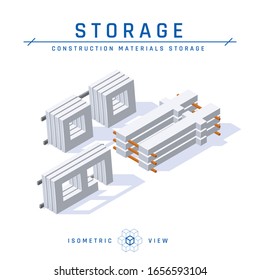 Concrete storage concept. Precast cement wall blocks for modular buildings and stack of columns, isometric view. Vector illustration isolated on a white background in flat style.