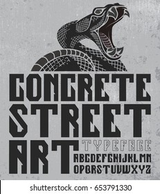 Concrete street art typeface poster. Vector, hand crafted font with snake head on grunge concrete background. Good for posters, labels, t-shirt prints.