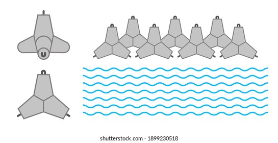 Tetrápodos de hormigón cerca del agua. Vector aislado en blanco.