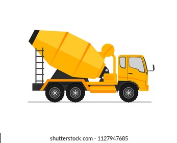 Concrete truck icon. Mixer cement truck side view in flat style design. industry equipment machine. Construction machinery for pouring of cement. Vector illustration on a white background.